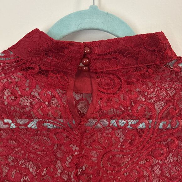 Women’s Long Sleeve Red Lace Blouse w/Mock Neck, One Size - Picture 8 of 10